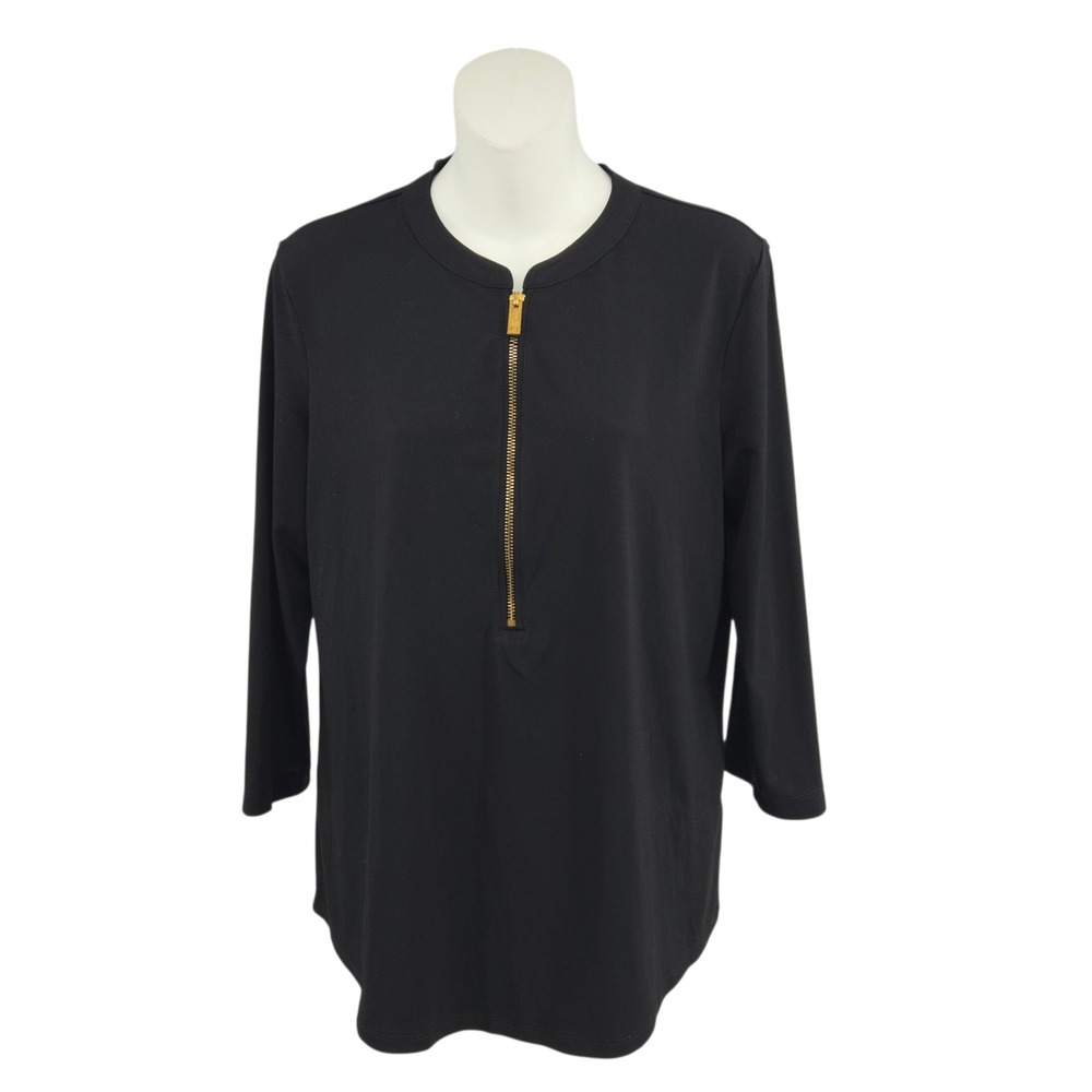 Company Ellen Tracy Top Womens Medium Black 3/4 Sleeve Quarter Zip Career Casual